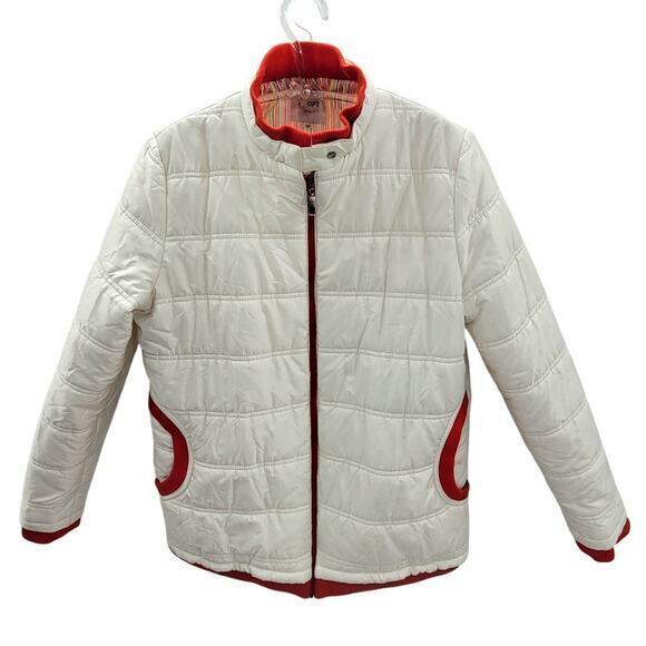 Looft White Red Trim Multi Color Striped Lining Zip Up Snap Collar Puffy Coat‎ - Picture 1 of 16